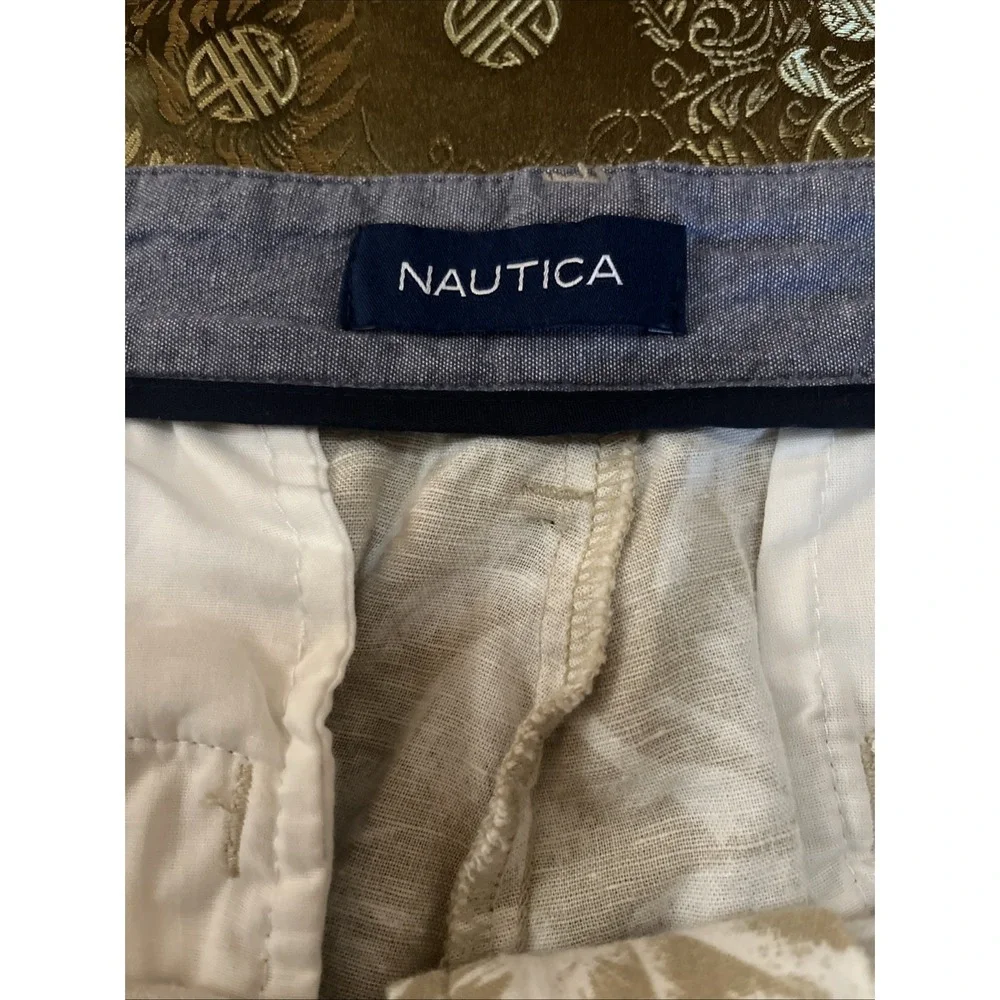 Nautica Men's Linen Cabana Shorts Palm Tree Print Flat Front Khaki White 36W